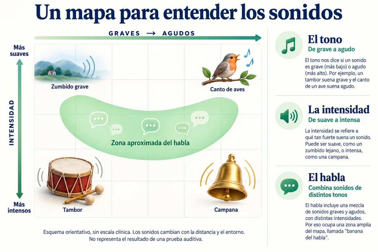Mapa orientativo de sonidos: graves a la izquierda, agudos a la derecha, suaves arriba e intensos abajo; zona aproximada del habla en verde